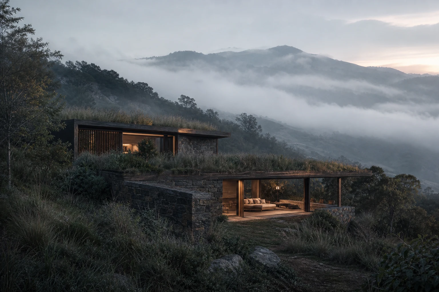 Refúgio Serra Clara entre volumes de pedra, cobertura verde e montanhas com neblina